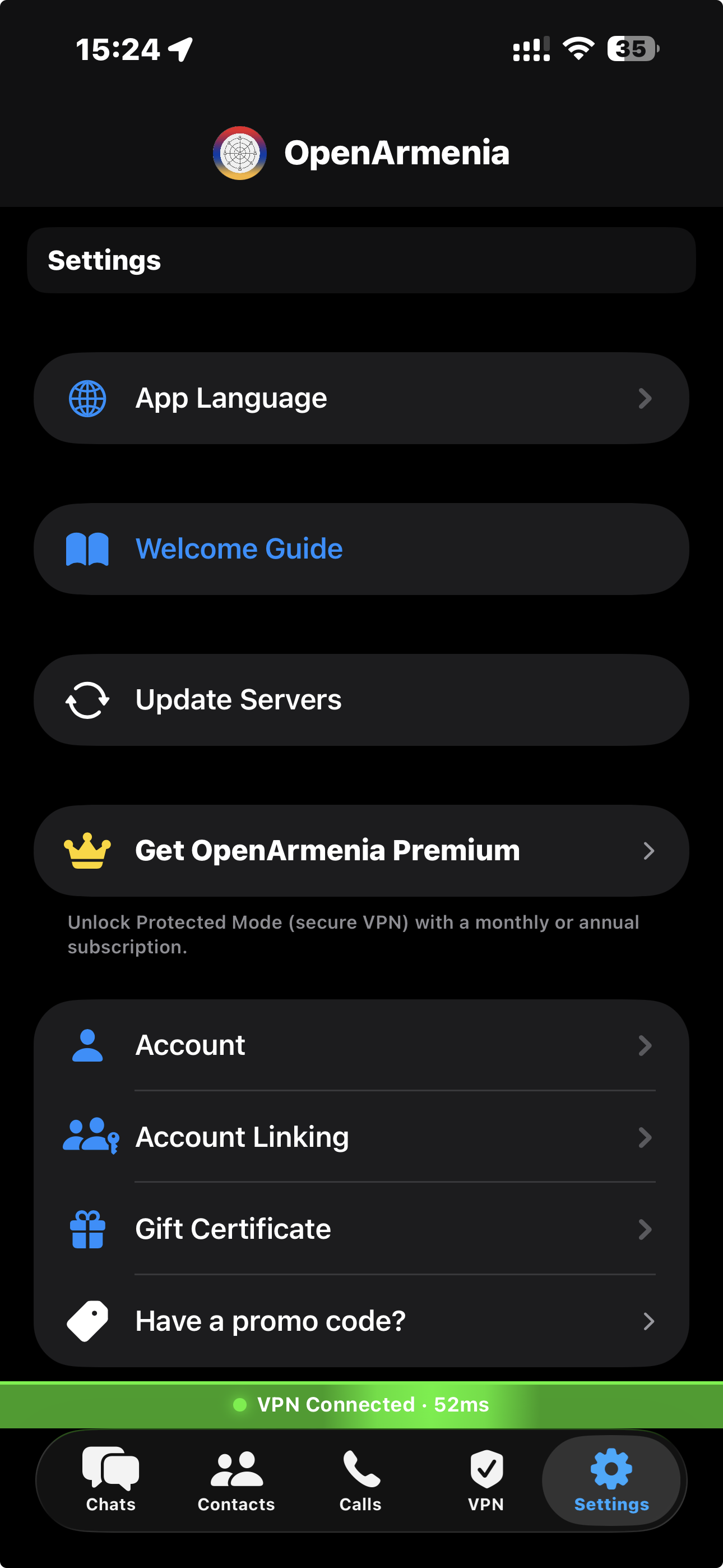 Settings screen