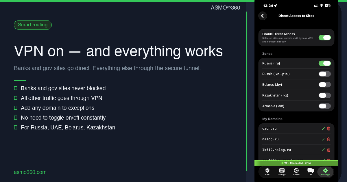 ASMO360 - Direct Access: VPN On — Banks and Gov Sites Still Work